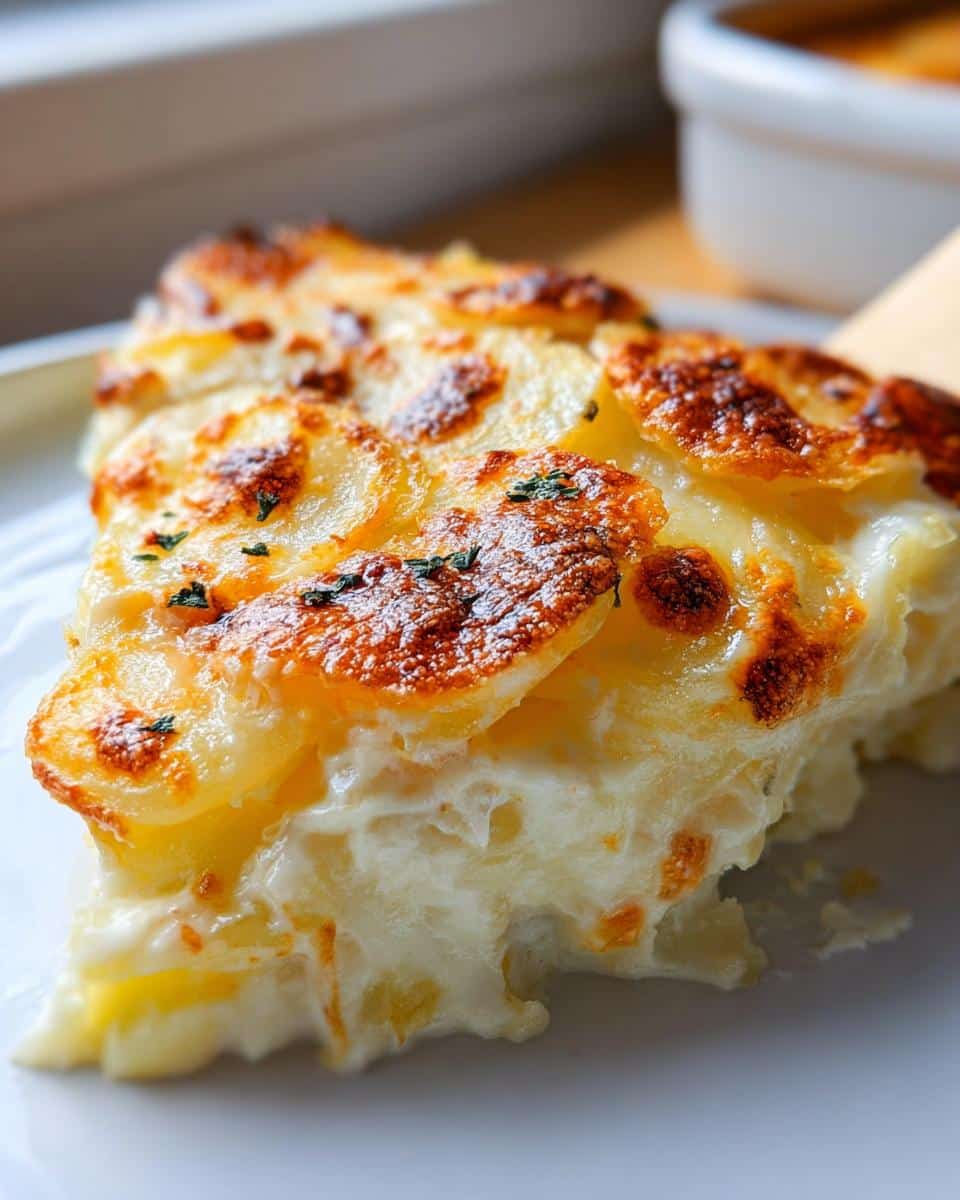 Close-up of a rich slice of Garlic Parmesan Scalloped Potatoes with a golden, cheesy, baked top.