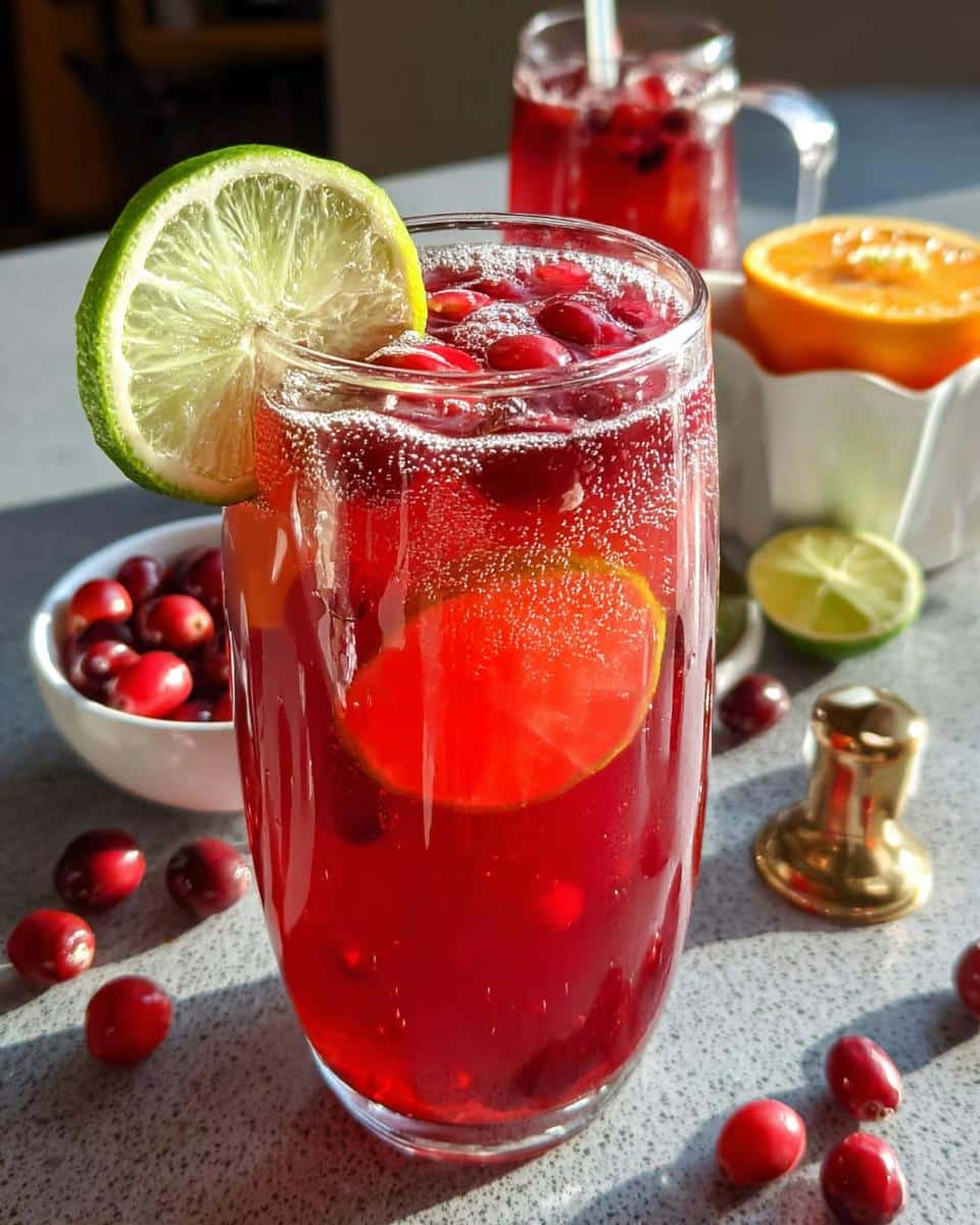 A tall glass filled with a bubbly Ginger Cranberry Punch Mocktail, garnished with lime and cranberries.