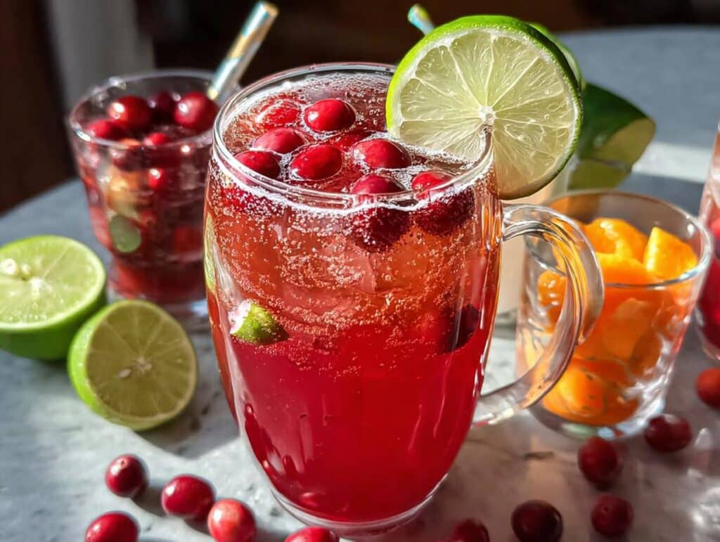 A refreshing Ginger Cranberry Punch Mocktail garnished with fresh cranberries and lime slices, with other drinks and citrus in the background.