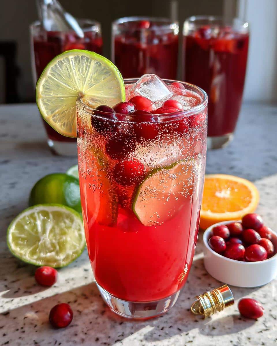 A close-up of a festive Ginger Cranberry Punch Mocktail garnished with lime and cranberries, with more glasses in the background.