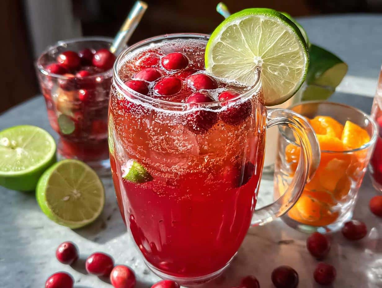 A refreshing Ginger Cranberry Punch Mocktail garnished with fresh cranberries and lime slices, with other drinks and citrus in the background.