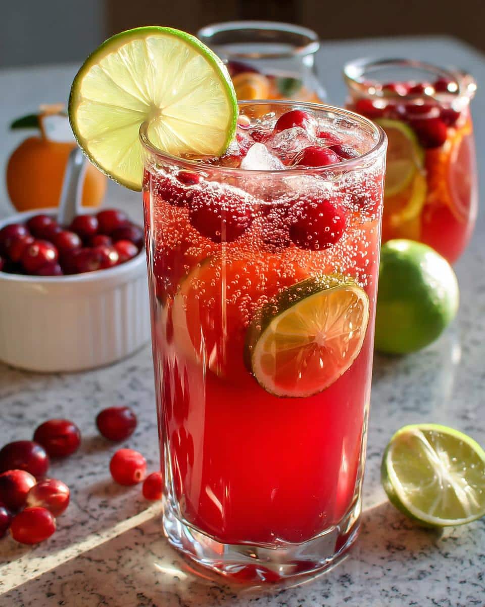 A tall glass filled with a vibrant red Ginger Cranberry Punch Mocktail, garnished with lime slices and fresh cranberries.