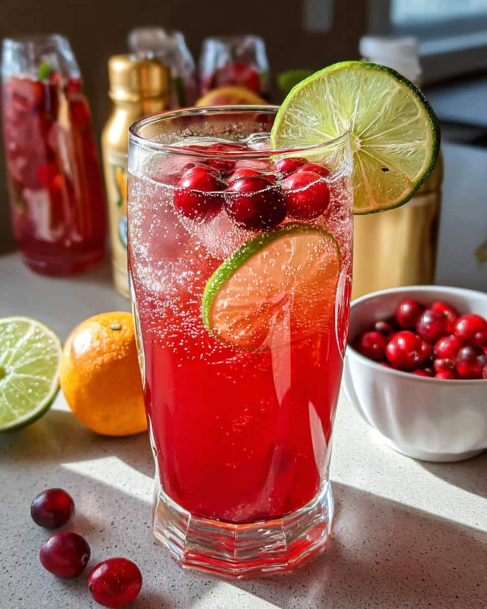 A tall glass filled with a vibrant red Ginger Cranberry Punch Mocktail, garnished with cranberries and lime slices.