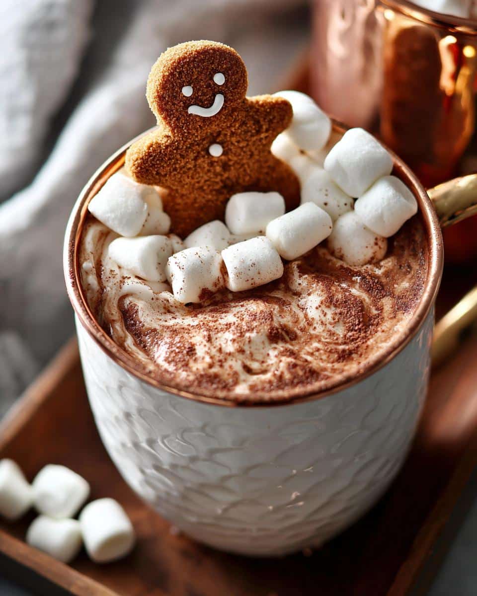 A cozy mug of Gingerbread Hot Cocoa topped with whipped cream, marshmallows, and a gingerbread man cookie.