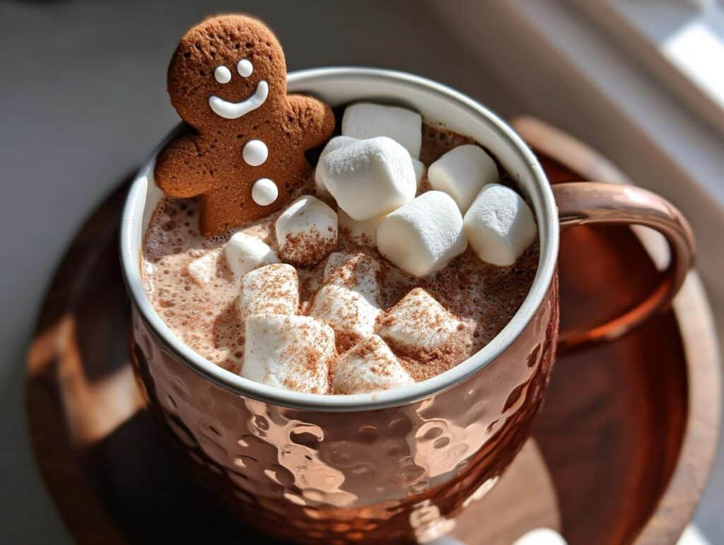 A festive mug of Gingerbread Hot Cocoa topped with marshmallows and a gingerbread man cookie.