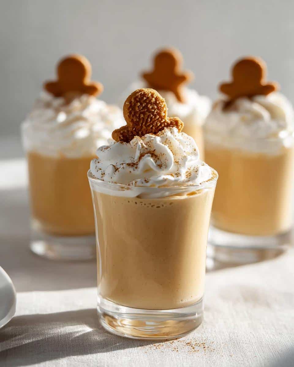Close-up of a Gingerbread Pudding Shot topped with whipped cream and a gingerbread cookie, sprinkled with cinnamon.