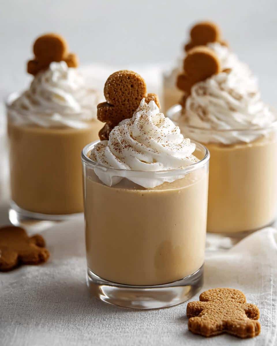 Close-up of Gingerbread Pudding Shots topped with whipped cream and a gingerbread cookie, dusted with cinnamon.