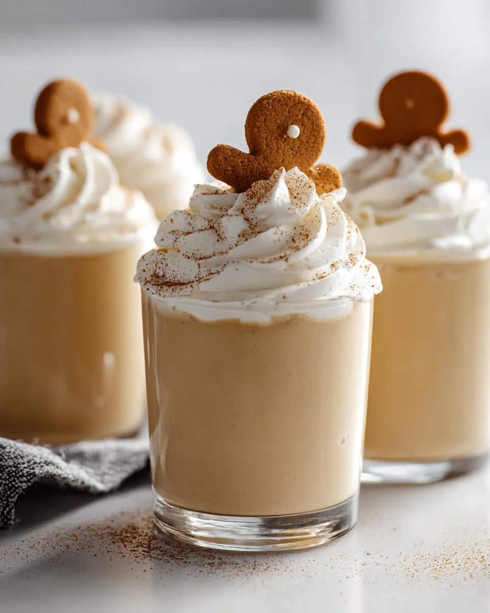 Close-up of festive Gingerbread Pudding Shots topped with whipped cream and a gingerbread cookie.
