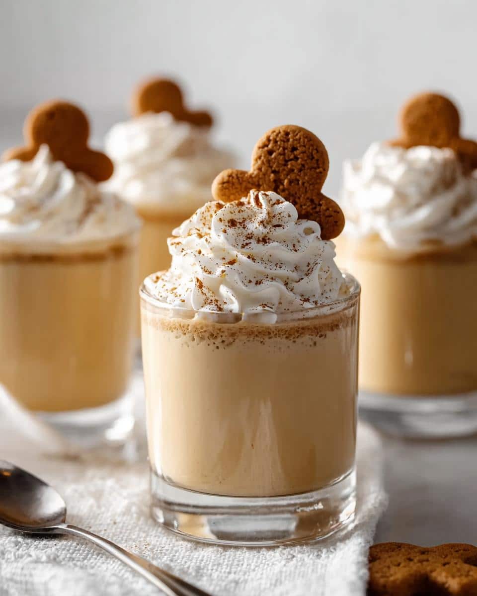 Close-up of festive Gingerbread Pudding Shots topped with whipped cream, cinnamon, and a gingerbread cookie.
