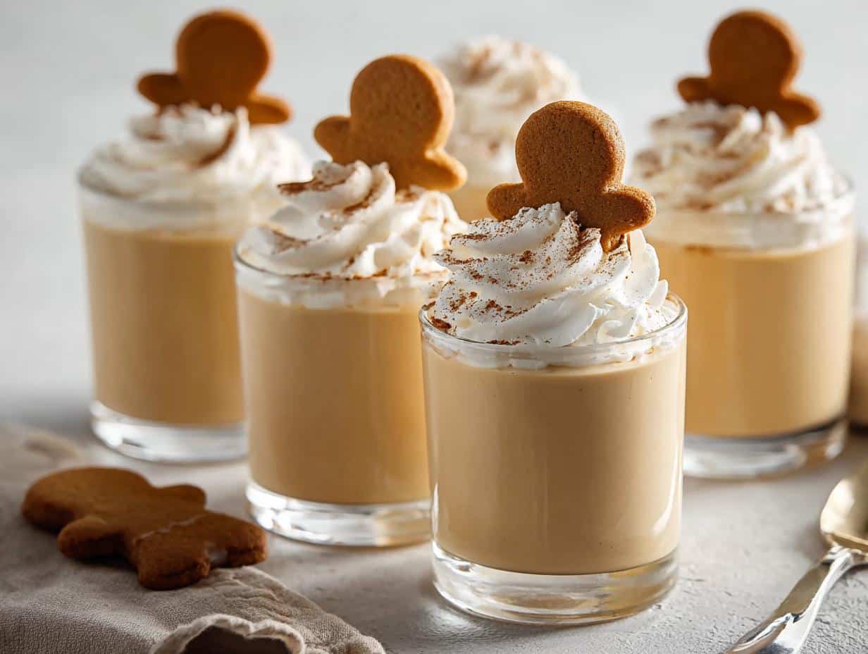 A festive arrangement of Gingerbread Pudding Shots, each topped with whipped cream, cinnamon, and a gingerbread cookie.