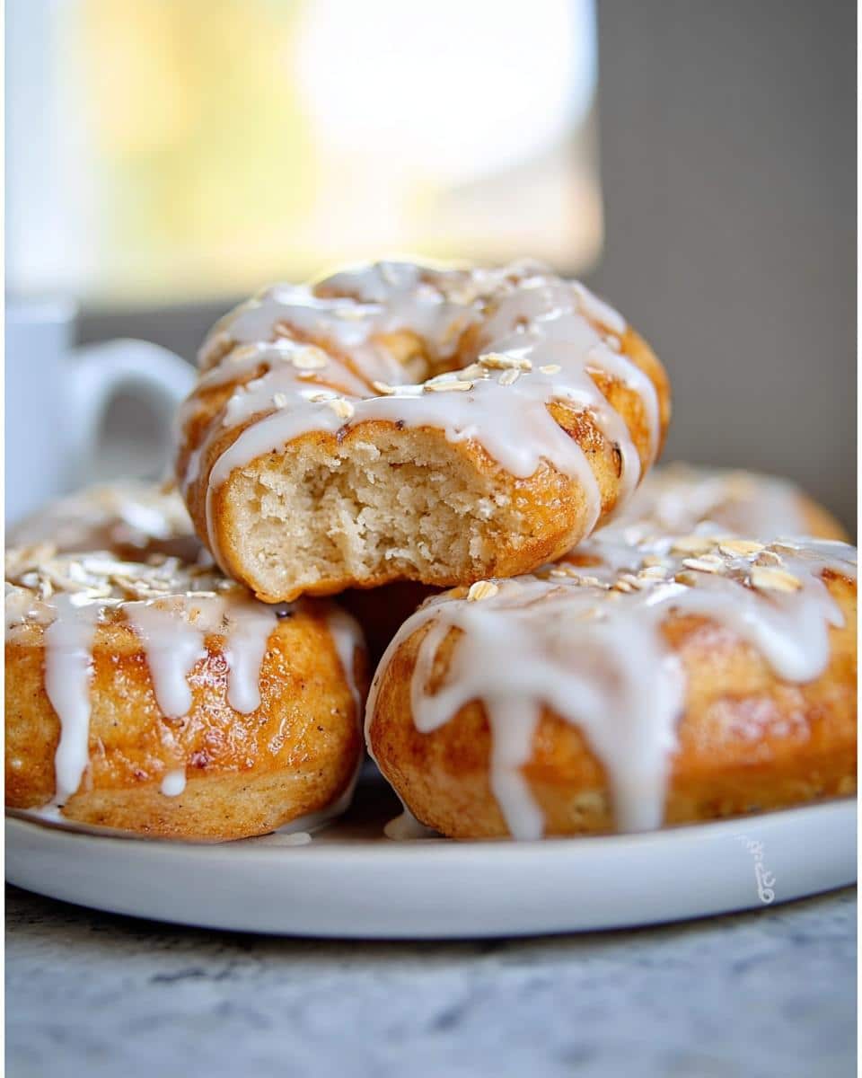 Close-up of stacked Banana Oat Donut Bites topped with white glaze and rolled oats, one has a bite taken out.
