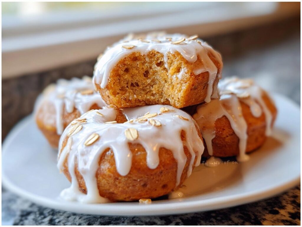 A stack of four glazed Banana Oat Donut Bites, one with a bite taken out, topped with rolled oats.