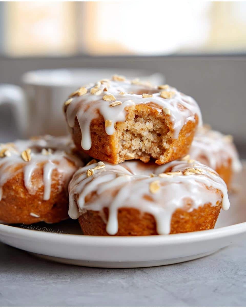Close-up of stacked Banana Oat Donut Bites with white glaze and oat flakes, one has a bite missing.