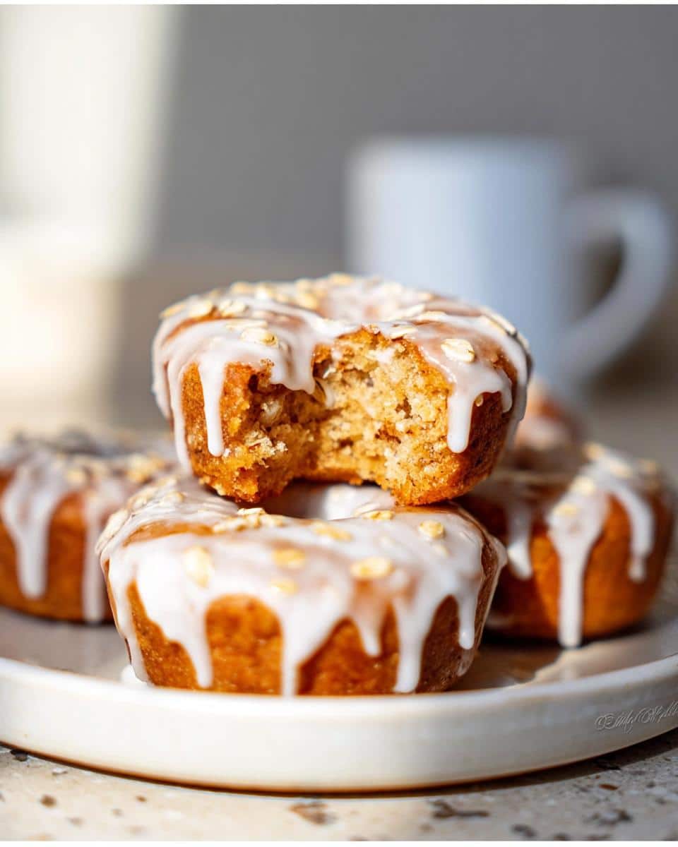 Close-up of stacked Banana Oat Donut Bites drizzled with white glaze and topped with oats, one has a bite taken out.