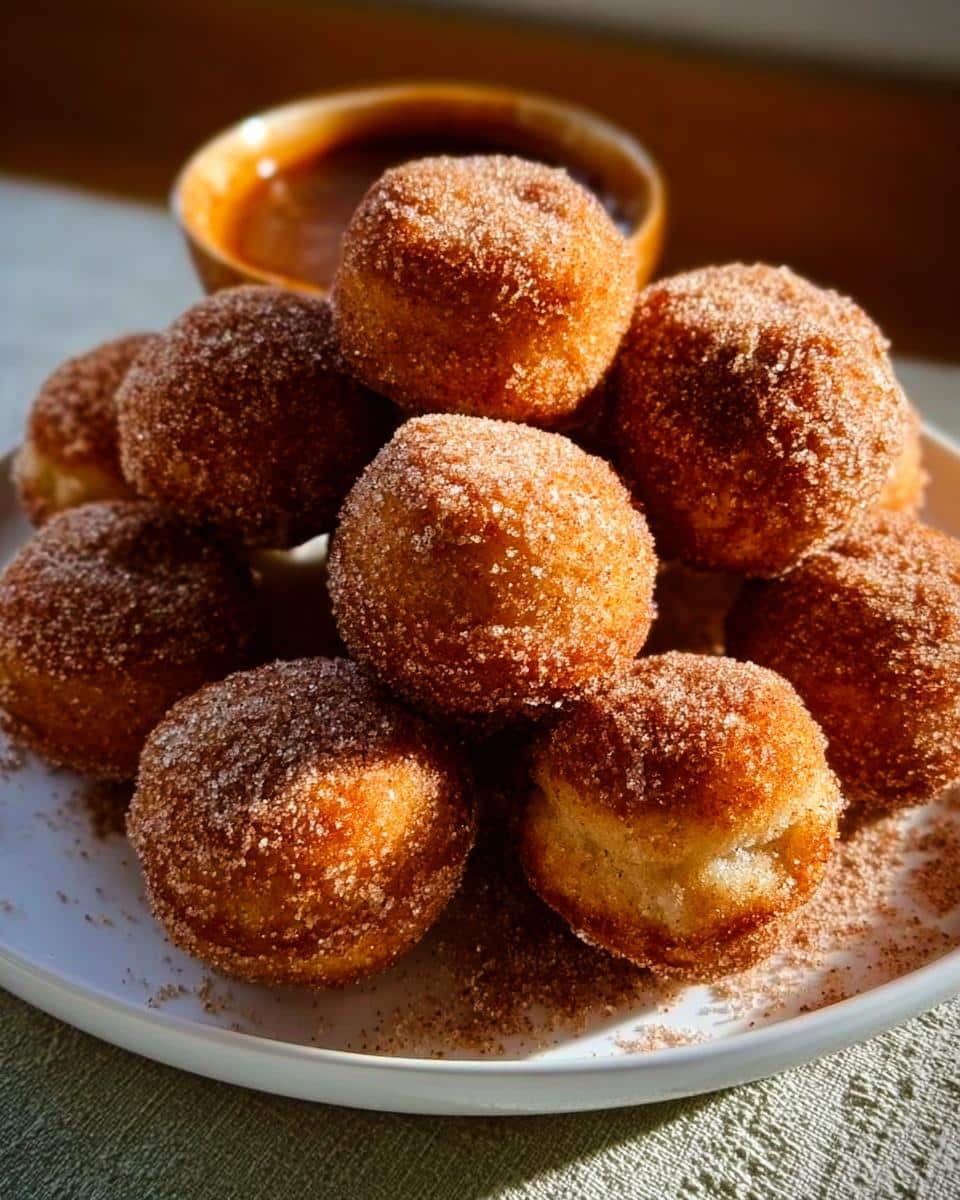 A close-up stack of warm Gluten-Free Banana Donut Holes coated generously in cinnamon sugar on a white plate.