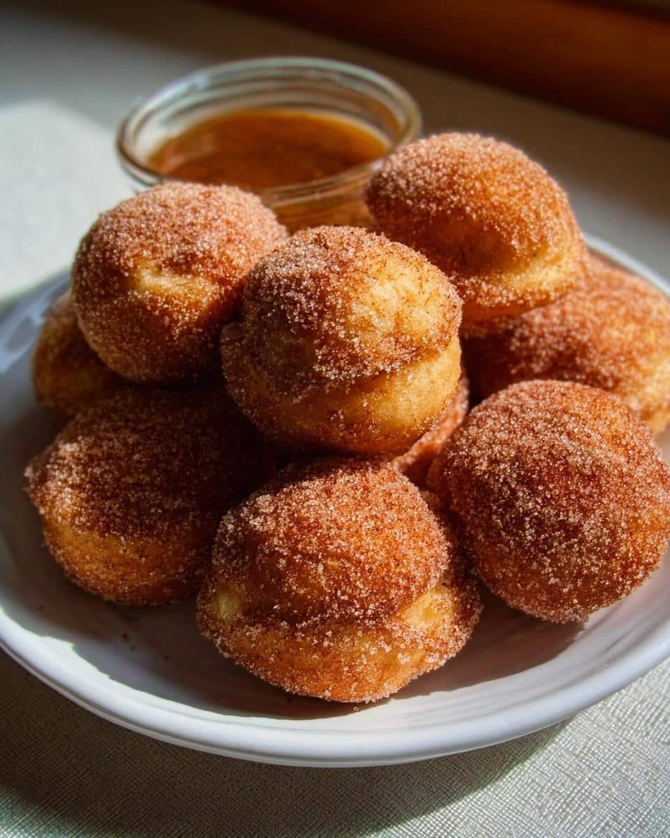 A stack of golden Gluten-Free Banana Donut Holes coated in cinnamon sugar, served with a dipping sauce.
