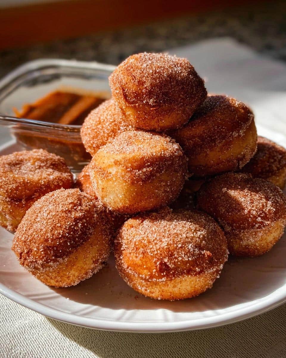 A stack of freshly made Gluten-Free Banana Donut Holes coated generously in cinnamon sugar on a white plate.