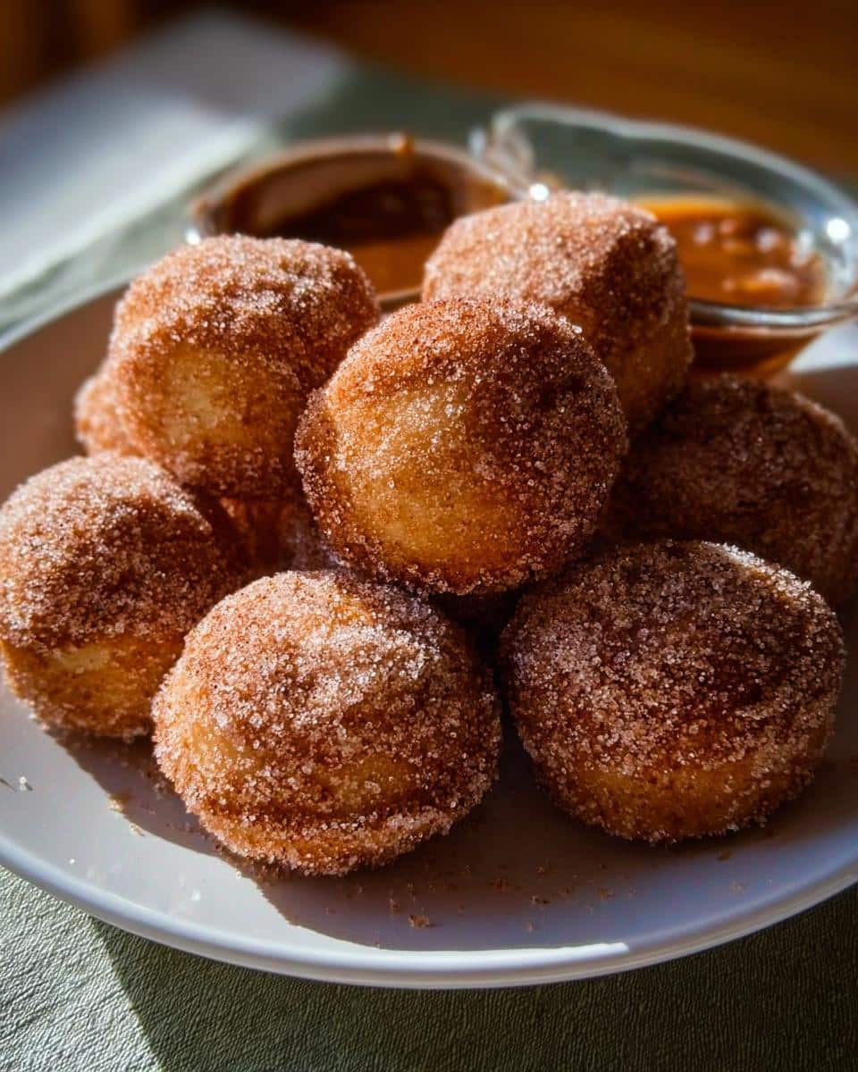 A pile of warm Gluten-Free Banana Donut Holes coated heavily in cinnamon sugar, served with a dipping sauce.