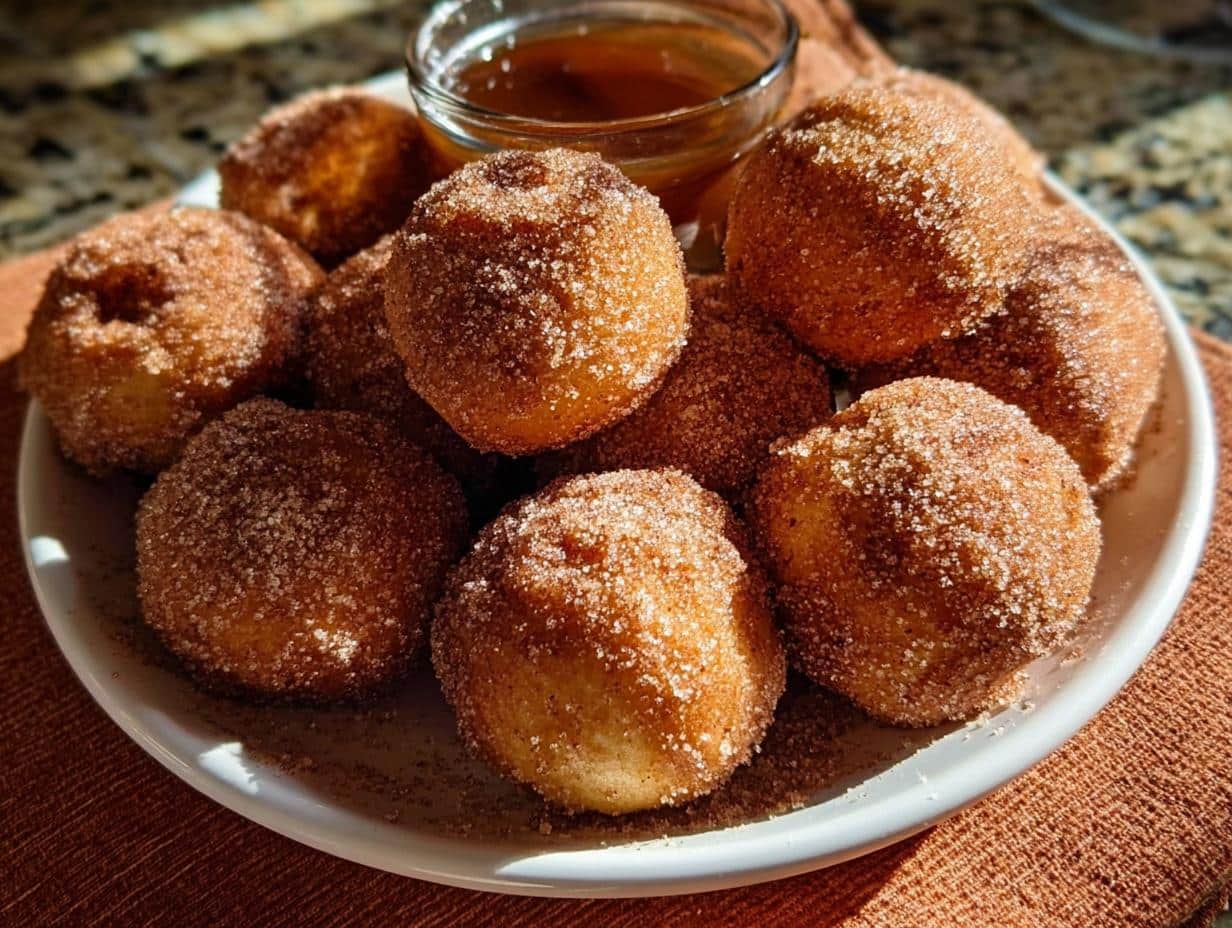 A plate piled high with warm Gluten-Free Banana Donut Holes coated in cinnamon sugar, served with a side of dipping sauce.