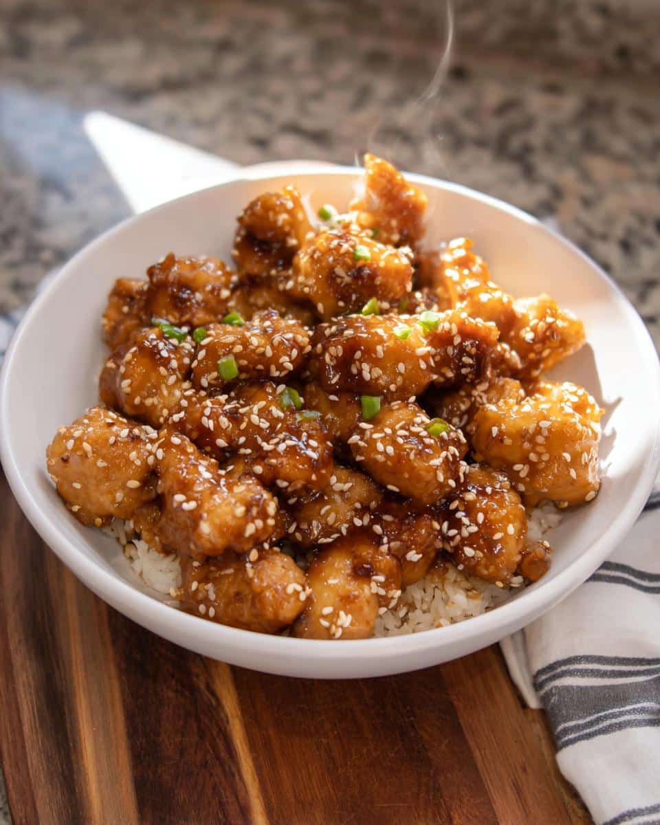 A bowl of Healthy Sesame Chicken served over white rice, garnished with sesame seeds and green onions.