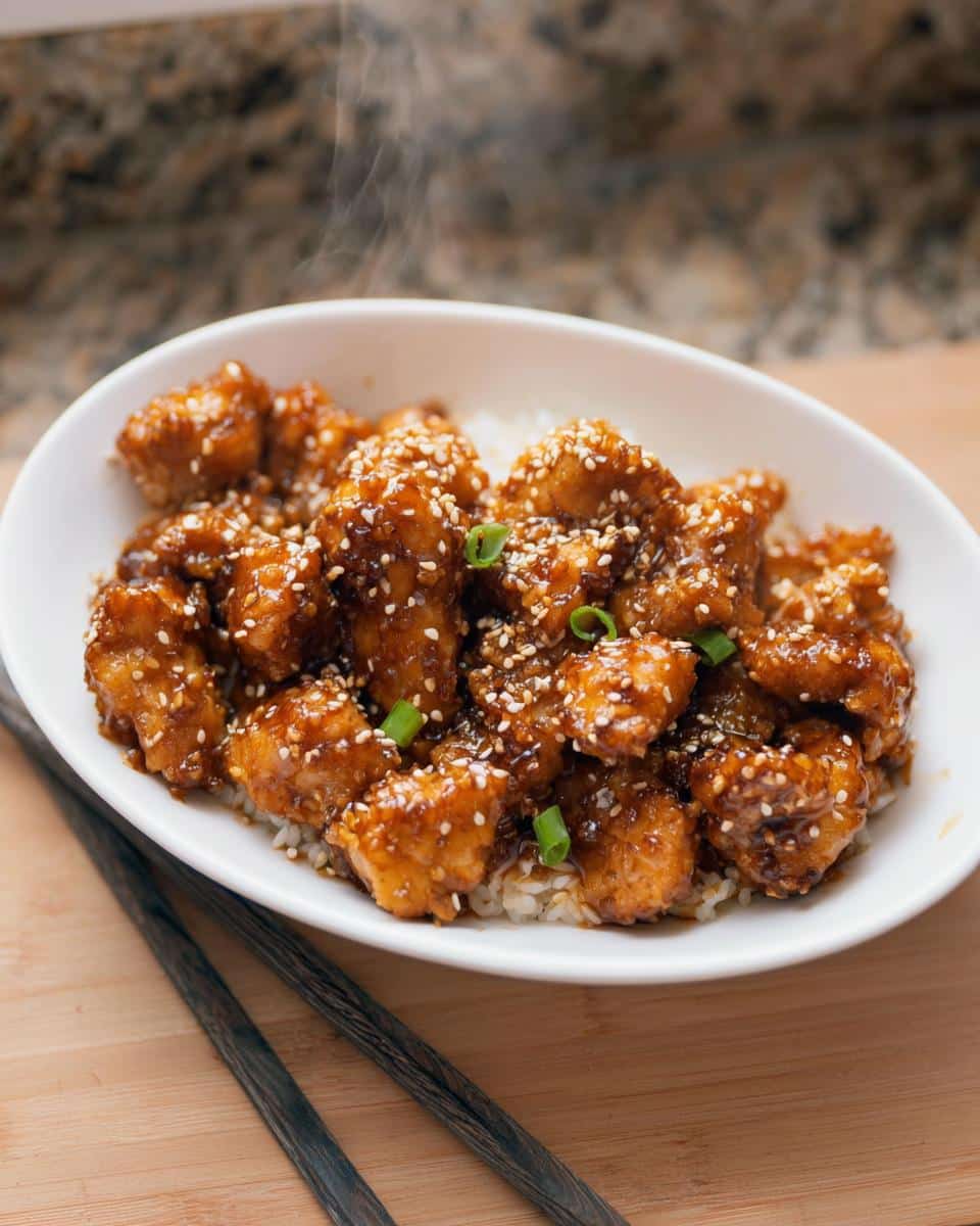 A bowl of Healthy Sesame Chicken served over white rice, garnished with sesame seeds and green onions.