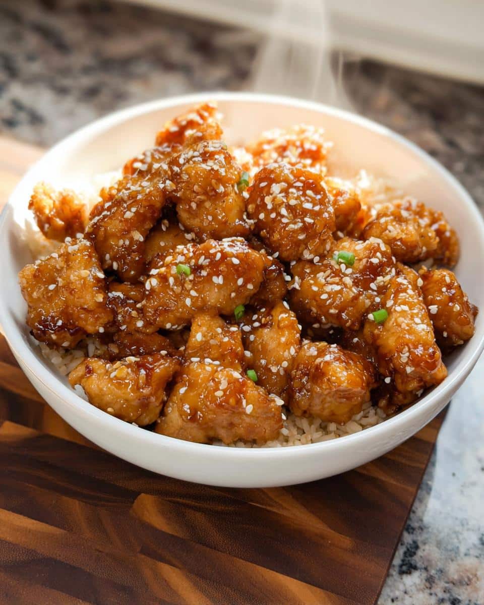 A bowl of healthy sesame chicken served over rice, garnished with sesame seeds and green onions.