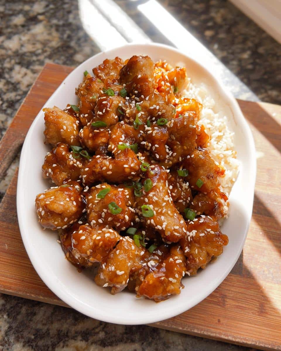 A plate of Healthy Sesame Chicken coated in a glossy sauce, sprinkled with sesame seeds and green onions, served with white rice.