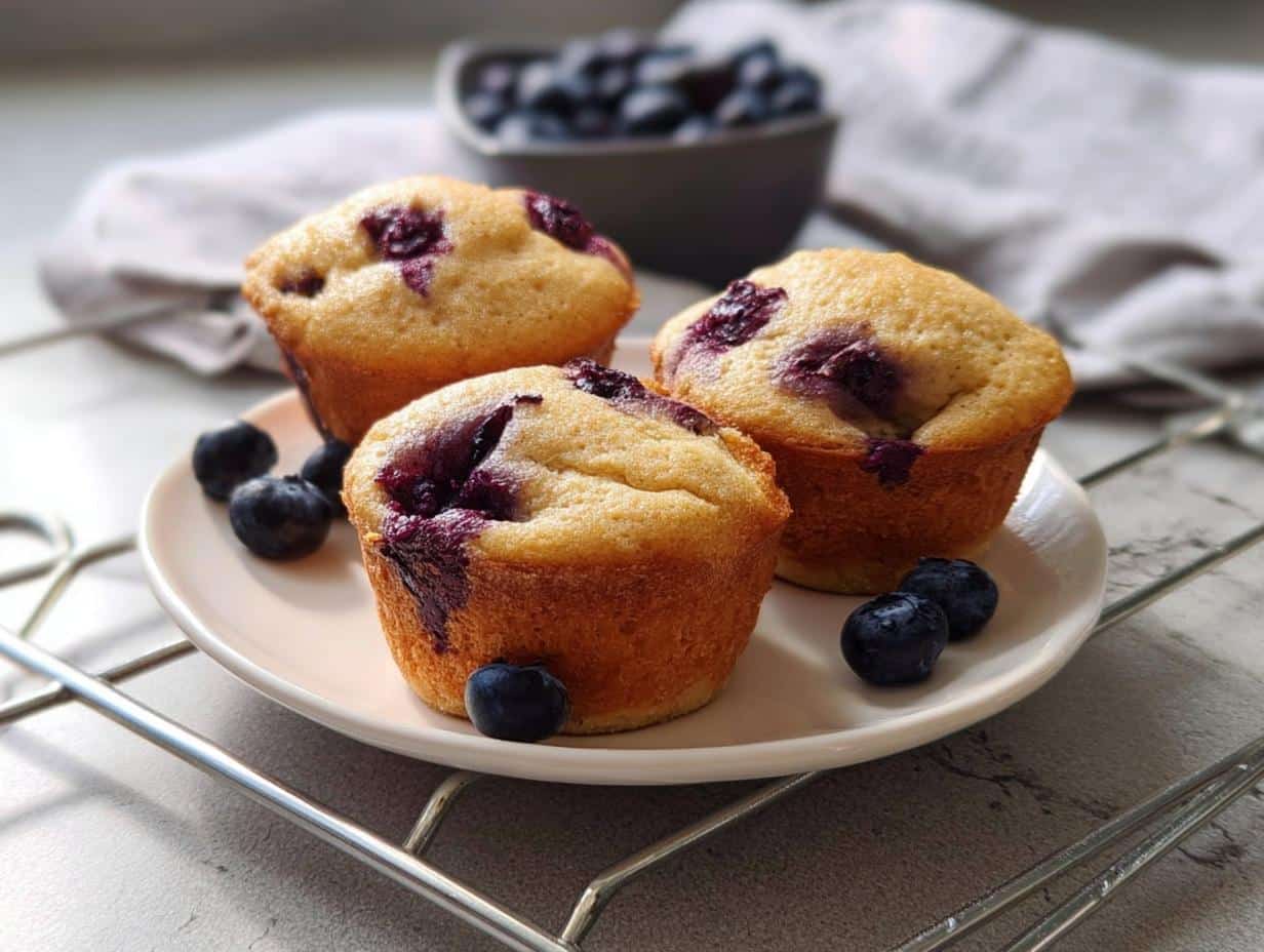 Three golden baked High-Protein Blueberry Pancake Muffins served on a small white plate with fresh blueberries scattered around.