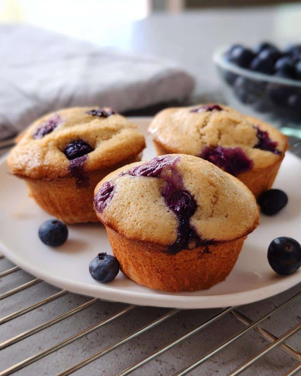 Three golden High-Protein Blueberry Pancake Muffins served on a white plate with fresh blueberries scattered around.