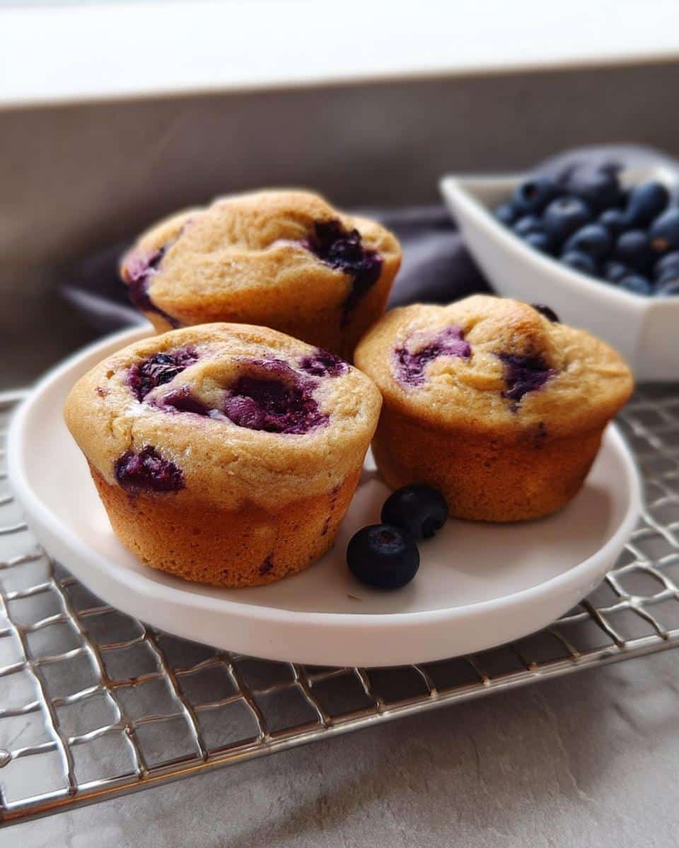 Three golden High-Protein Blueberry Pancake Muffins served on a white plate with fresh blueberries.