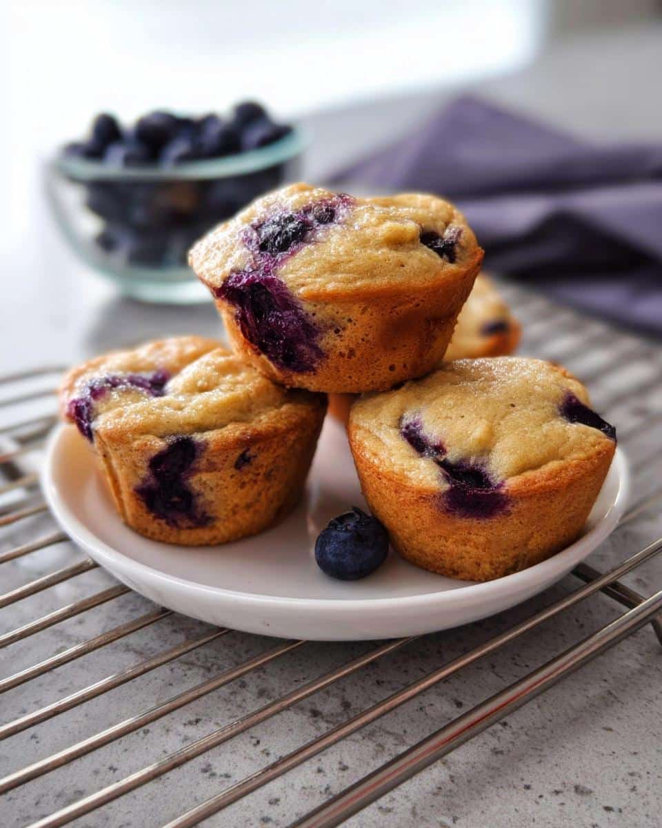 Three golden High-Protein Blueberry Pancake Muffins stacked on a small white plate with a fresh blueberry.