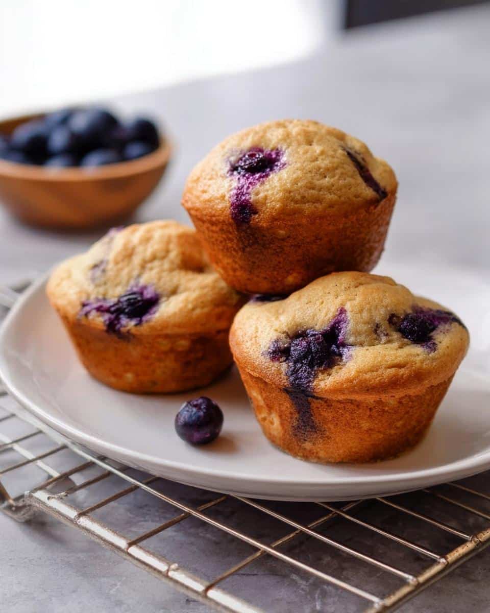 Three golden-brown High-Protein Blueberry Pancake Muffins stacked on a white plate with fresh blueberries nearby.