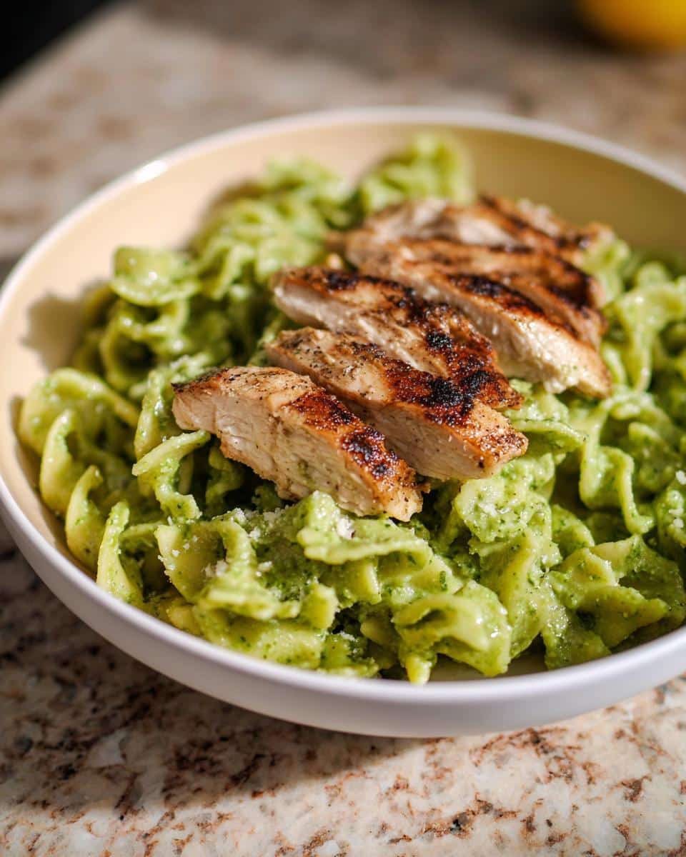 Close-up of High Protein Pesto Pasta Bowls topped with sliced, grilled chicken breast.