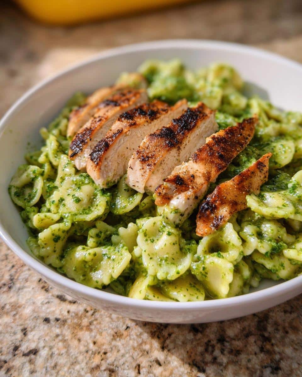 Close-up of a white bowl filled with High Protein Pesto Pasta Bowls topped with sliced, grilled chicken breast.