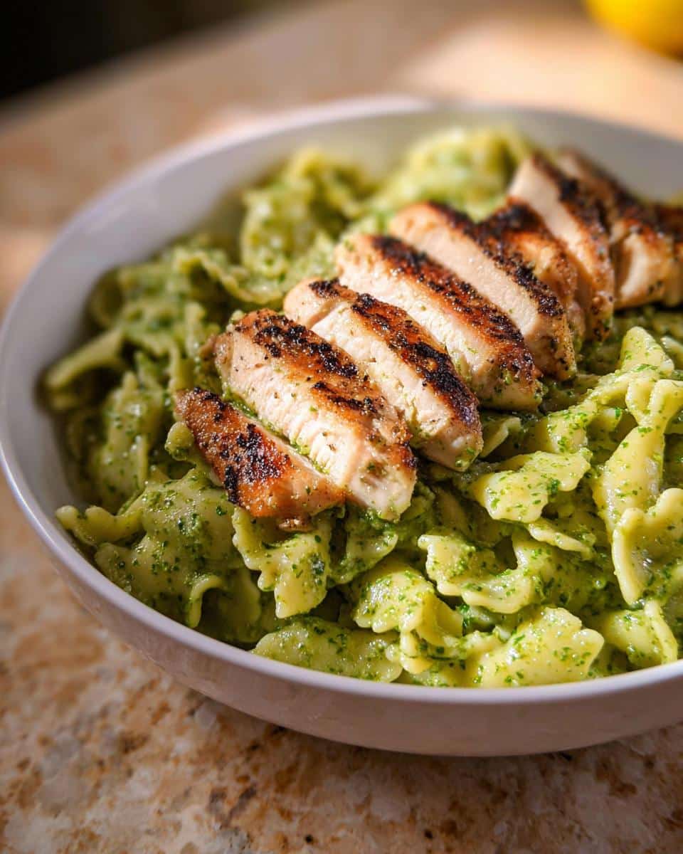 Close-up of a white bowl filled with green pesto pasta and sliced grilled chicken breast for High Protein Pesto Pasta Bowls.