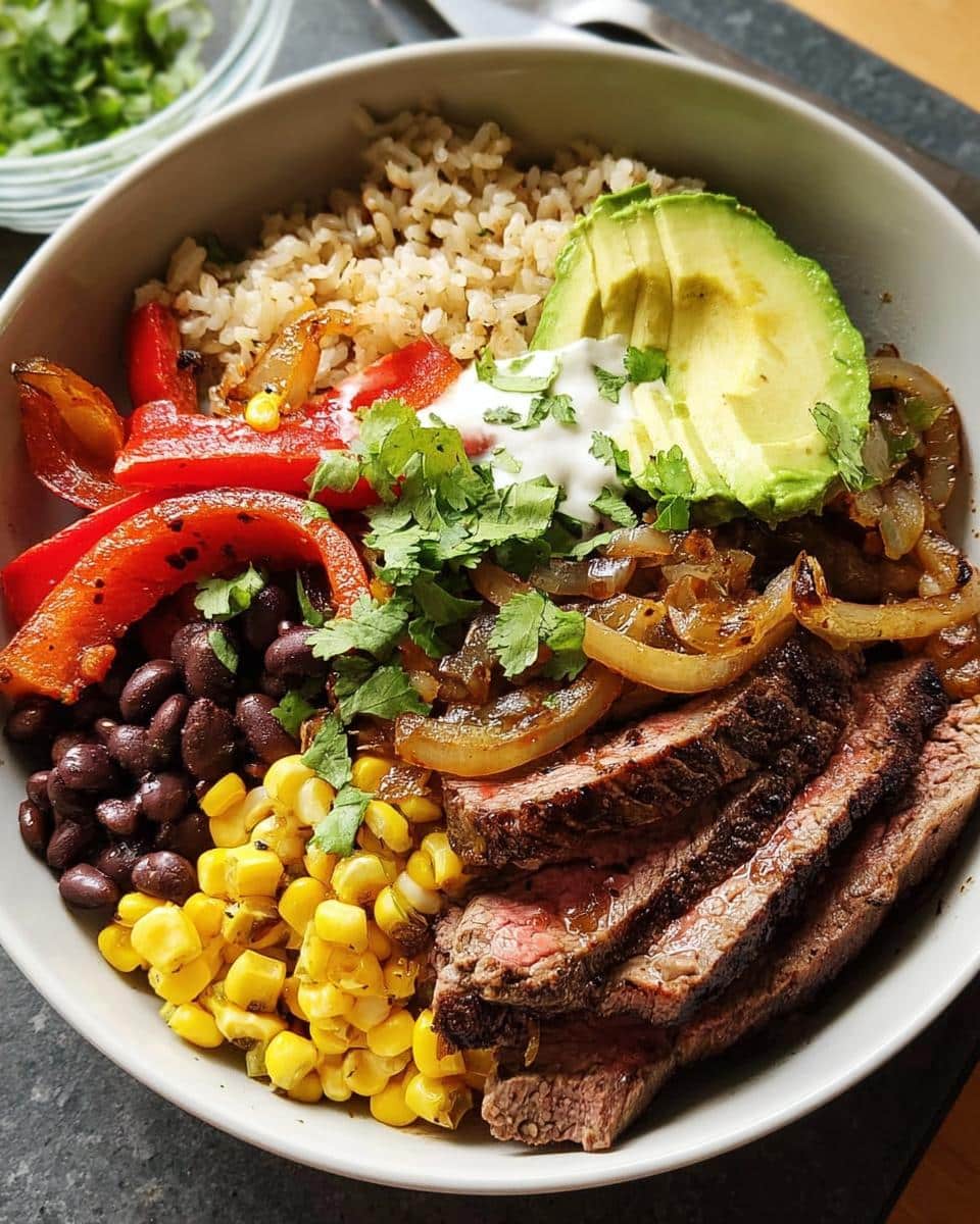 A vibrant High Protein Steak Fajita Bowl with sliced steak, rice, black beans, corn, bell peppers, onions, and avocado.
