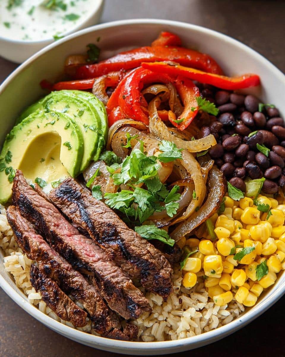 A delicious High Protein Steak Fajita Bowl filled with sliced steak, avocado, black beans, corn, peppers, and onions.
