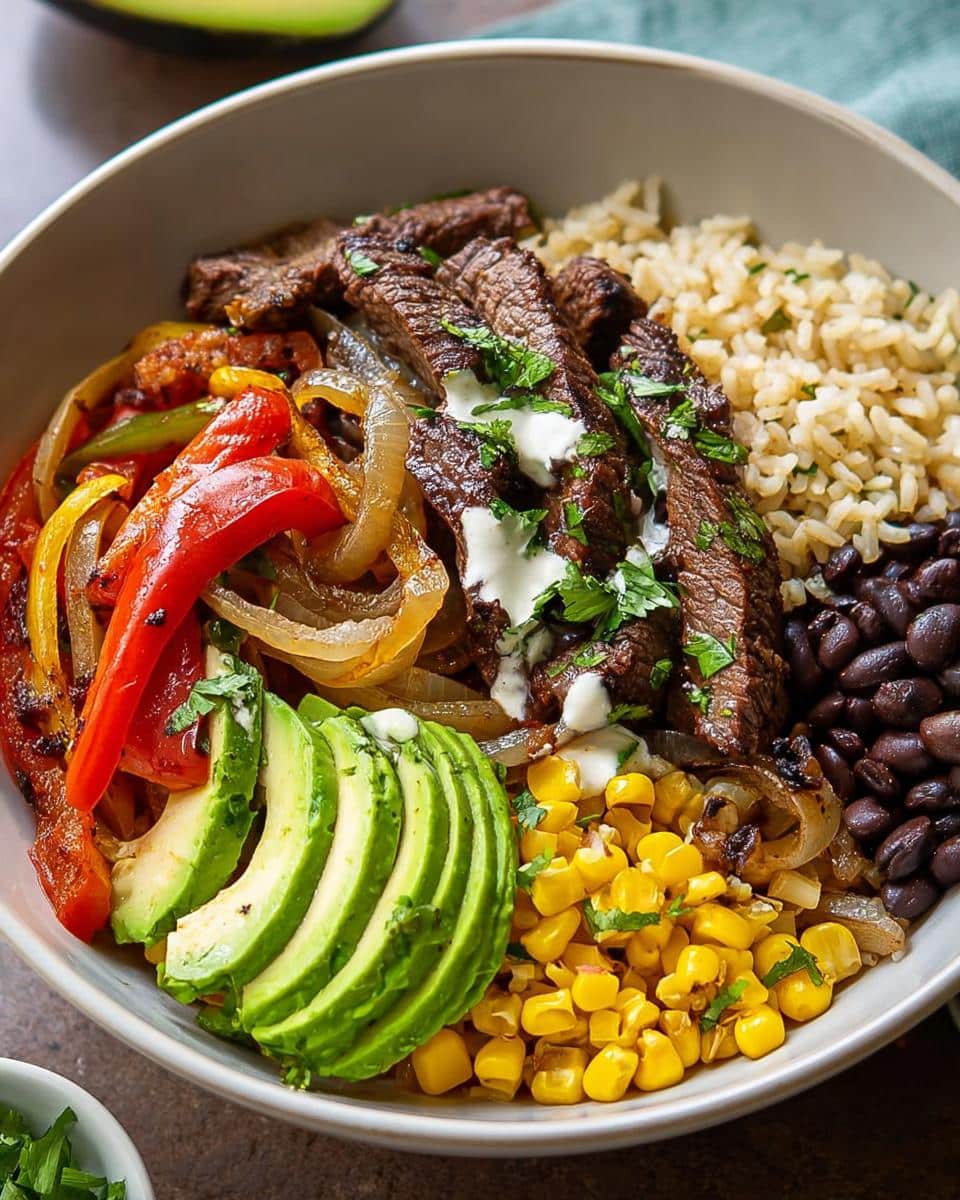 A vibrant High Protein Steak Fajita Bowl filled with sliced steak, bell peppers, onions, rice, black beans, corn, and avocado.