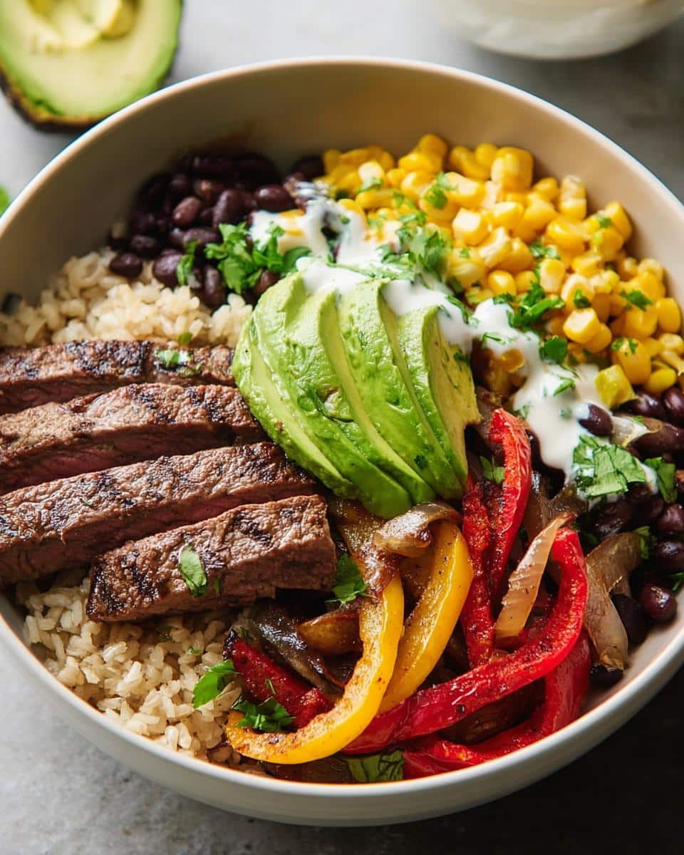 A delicious High Protein Steak Fajita Bowl filled with sliced steak, brown rice, black beans, corn, bell peppers, and avocado.