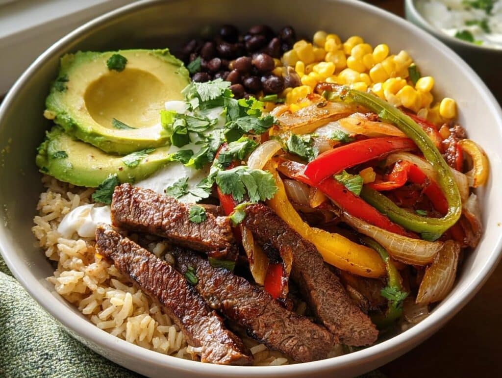 A vibrant High Protein Steak Fajita Bowl filled with sliced steak, fajita vegetables, rice, avocado, black beans, and corn.