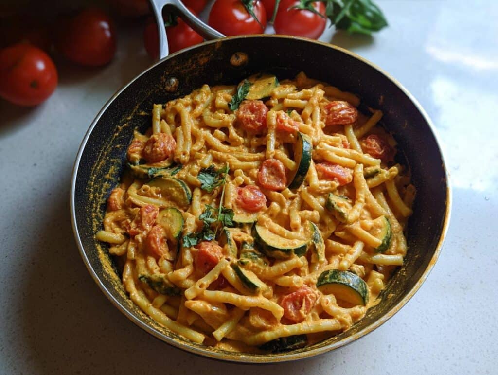 Close-up of High Protein Tomato Basil Pasta with zucchini and cherry tomatoes in a black skillet.