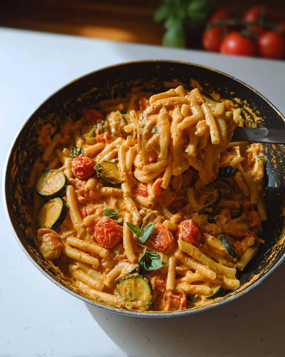 A spoonful of High Protein Tomato Basil Pasta being lifted from a skillet filled with creamy sauce, zucchini, and cherry tomatoes.