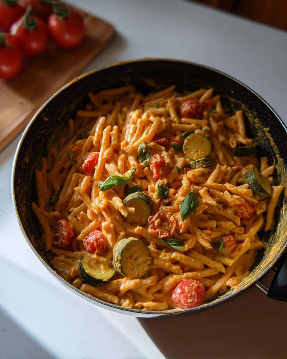Close-up of High Protein Tomato Basil Pasta with zucchini slices and fresh basil in a black skillet.