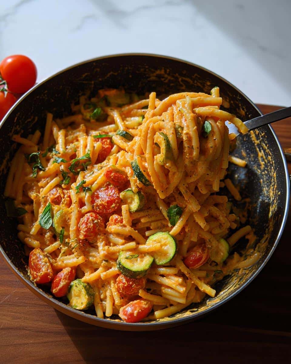 A fork lifting a generous serving of High Protein Tomato Basil Pasta mixed with zucchini and cherry tomatoes from a skillet.