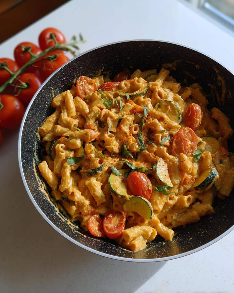 A skillet filled with High Protein Tomato Basil Pasta mixed with zucchini slices and cherry tomatoes.