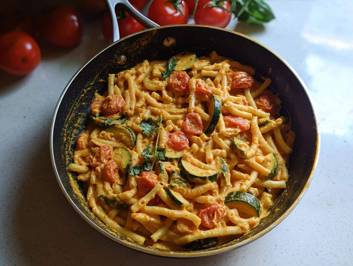 Close-up of High Protein Tomato Basil Pasta with zucchini and cherry tomatoes in a black skillet.