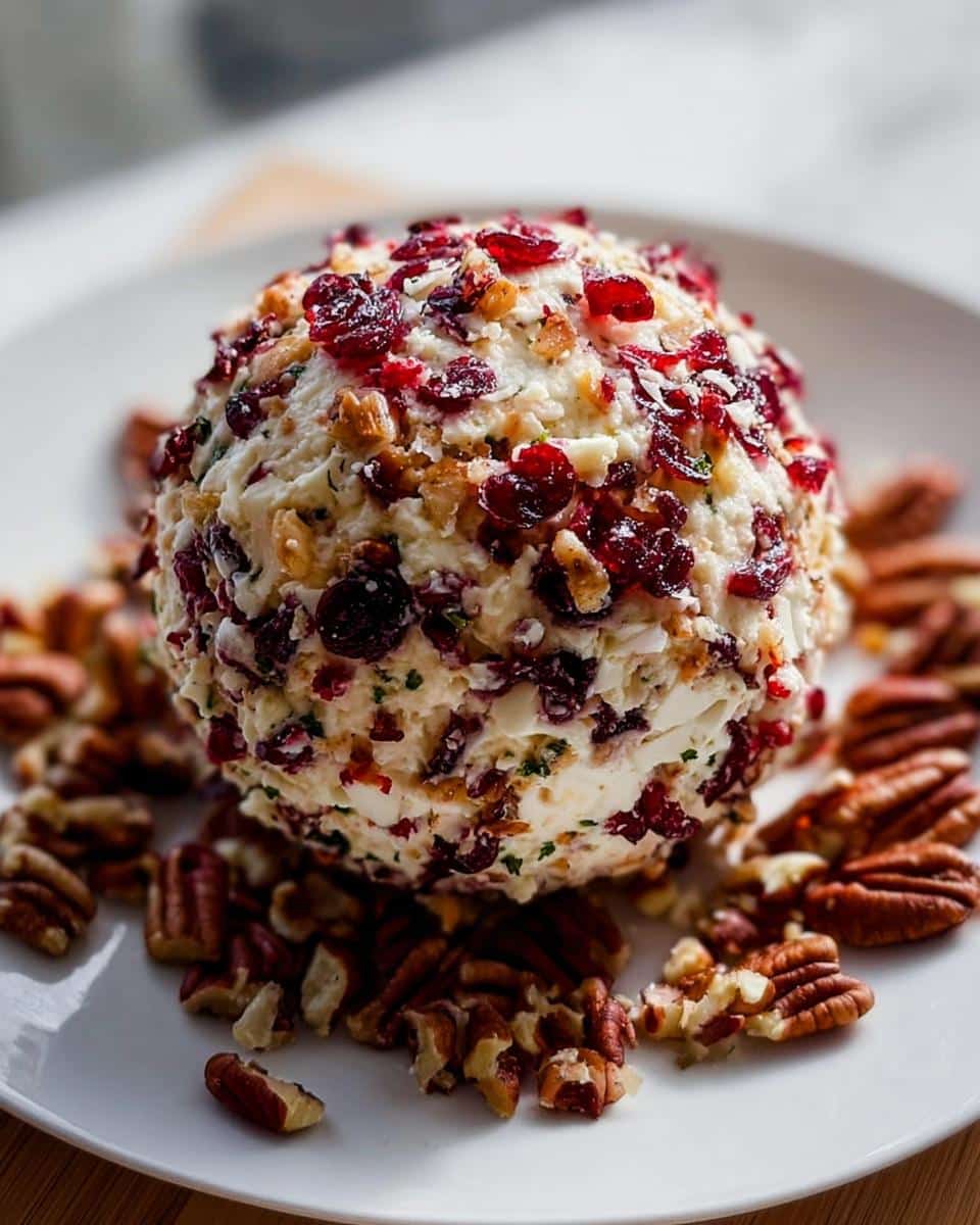 A festive Holiday Cheese Ball with Cranberries & Pecans coated in dried fruit and nuts, resting on a white plate.