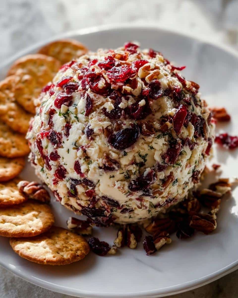 A festive Holiday Cheese Ball with Cranberries & Pecans served on a white plate with crackers.