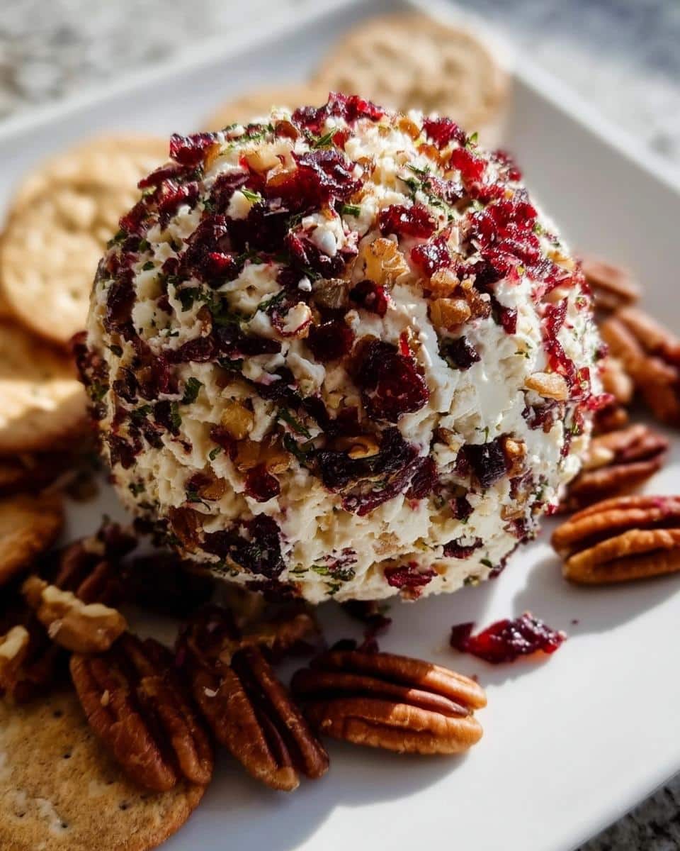 A festive Holiday Cheese Ball with Cranberries & Pecans coated in dried fruit and nuts, served with crackers and whole pecans.