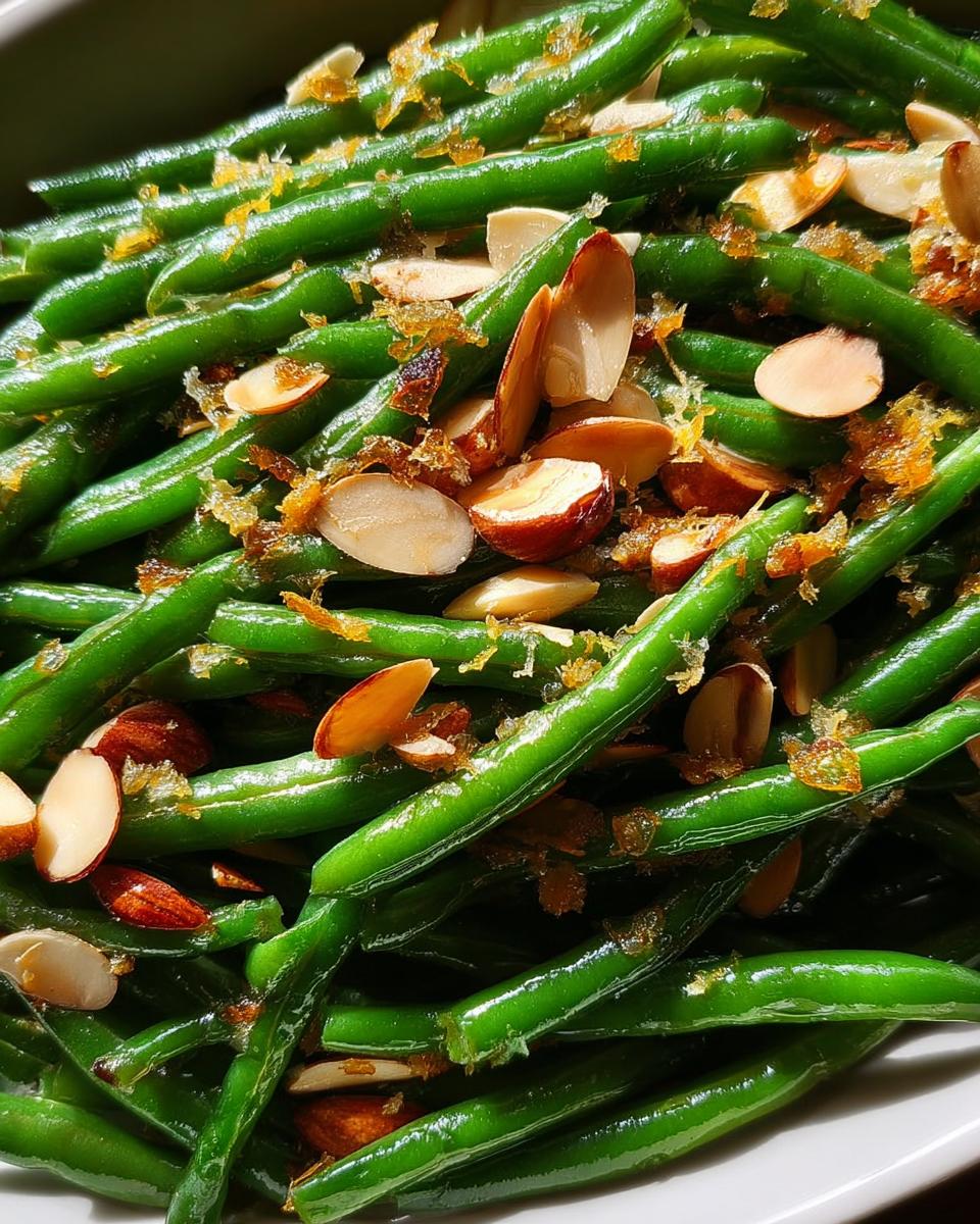 Close-up of vibrant green beans topped with toasted sliced almonds and caramelized shallots for Holiday Green Bean Almondine.